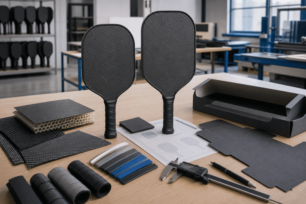 Two unbranded custom pickleball paddle prototypes with carbon fiber, honeycomb core, grip, packaging, and QC samples on a factory design table