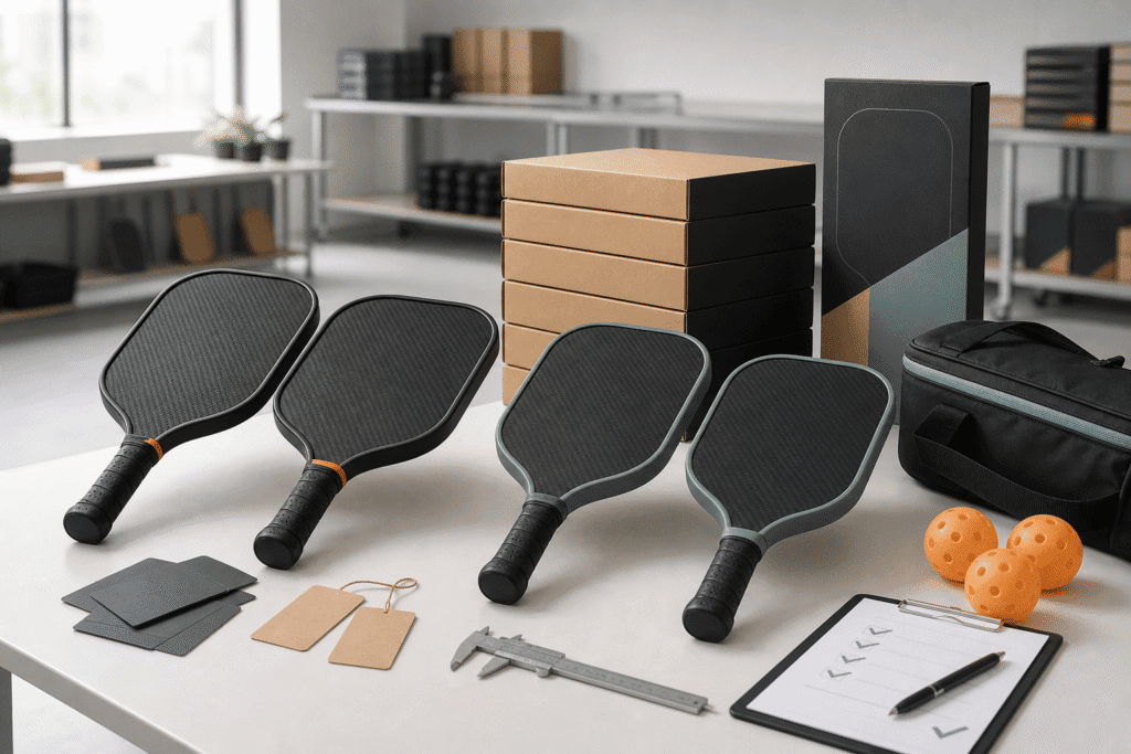 Unbranded carbon fiber pickleball paddle samples, small retail box batch, carry bag, balls, and quality inspection tools on a sourcing table
