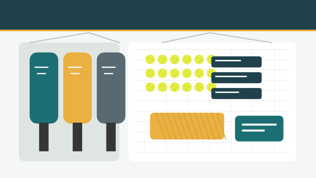 Wholesale pickleball starter kit layout with paddles, balls, nets, grips, bags, cartons, and a club program checklist