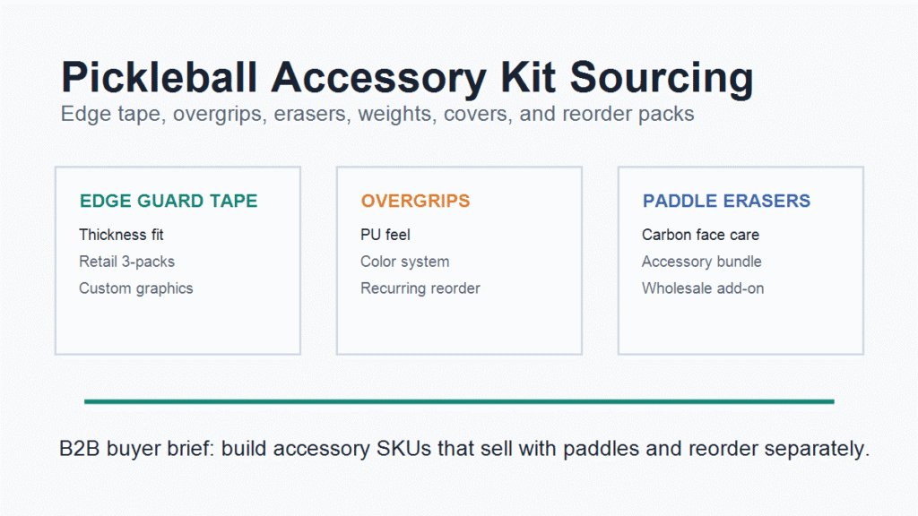 Pickleball accessory kit sourcing graphic for edge tape overgrips and reorder SKUs