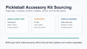 Pickleball accessory kit sourcing graphic for edge tape overgrips and reorder SKUs