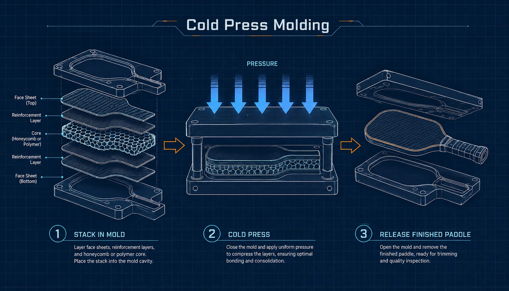Cold press molding process diagram showing face sheets, reinforcement layers and a paddle core