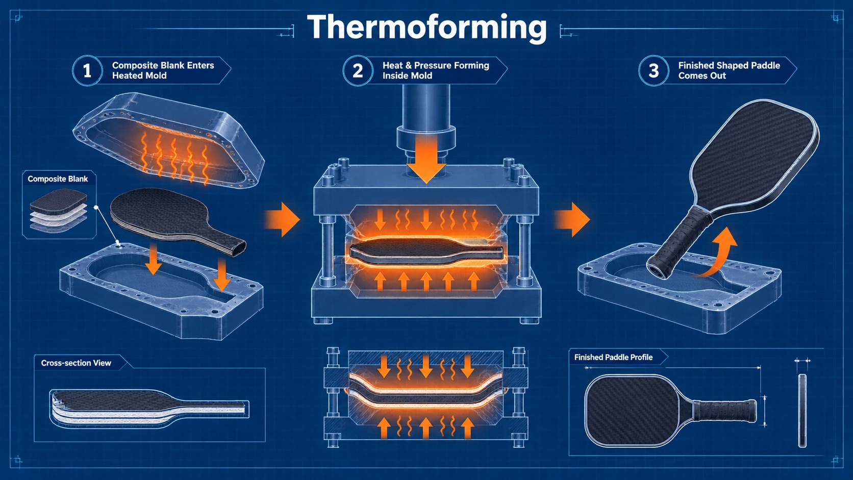 Thermoforming process diagram for a pickleball paddle OEM construction