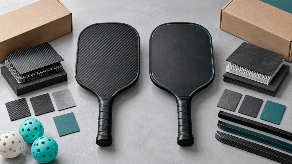 Two unbranded paddles beside composite material samples and plain packaging on a sourcing desk.