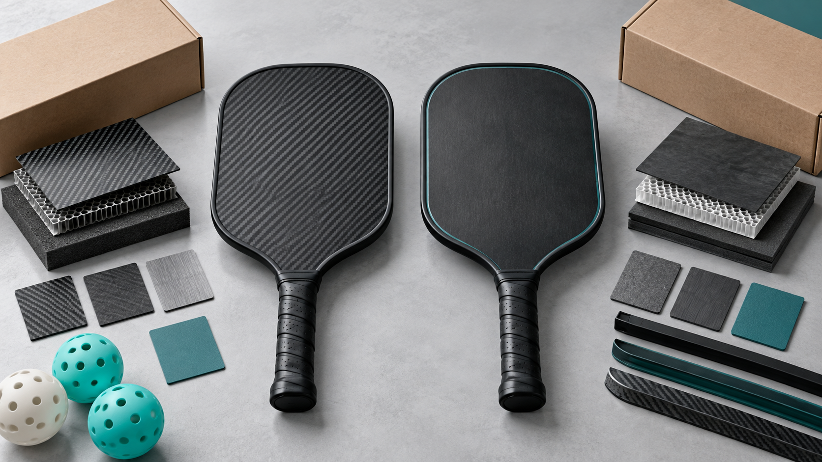 Two unbranded paddles beside composite material samples and plain packaging on a sourcing desk.