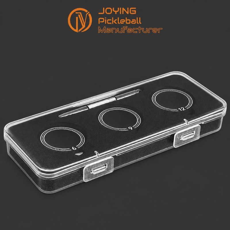 Adjustable pickleball paddle butt-end weight kit with 6 g, 9 g and 12 g weights, tool and clear-lid case