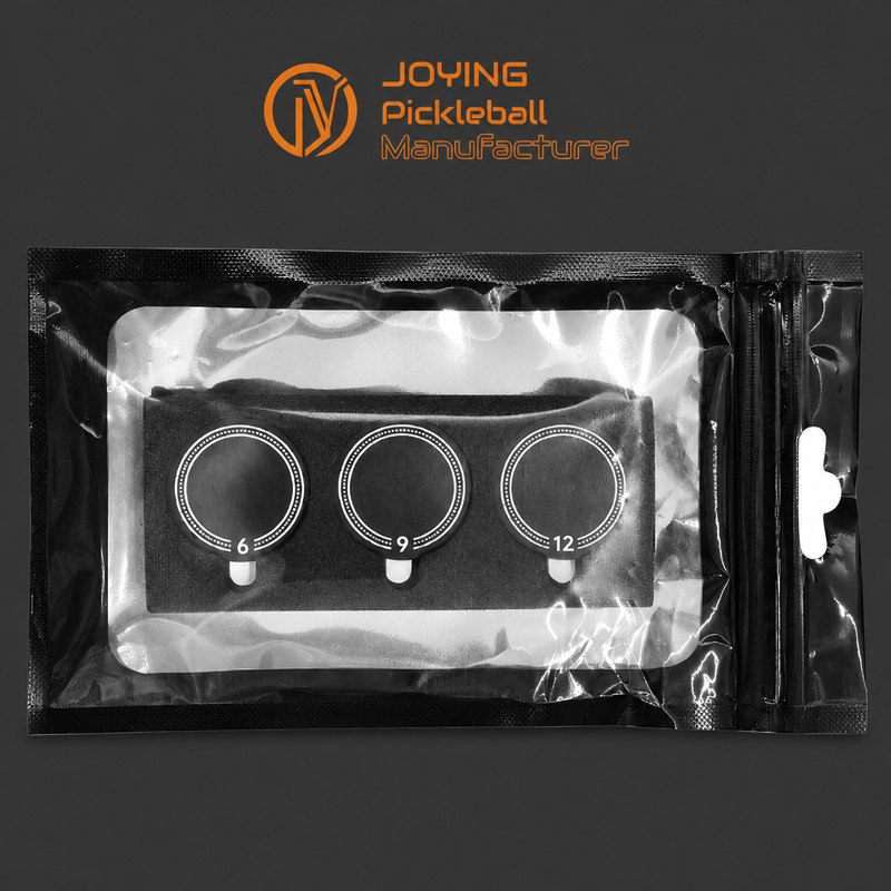 Retail pouch containing 6 g, 9 g and 12 g pickleball paddle butt-end weights