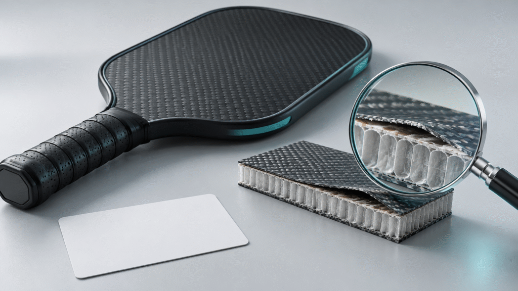 Conceptual inspection scene with an unbranded paddle and a separate composite coupon showing local face-to-core separation.