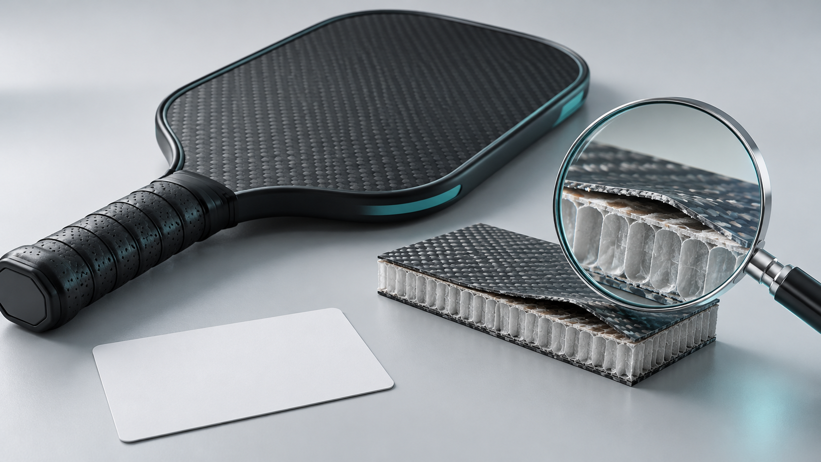 Conceptual inspection scene with an unbranded paddle and a separate composite coupon showing local face-to-core separation.