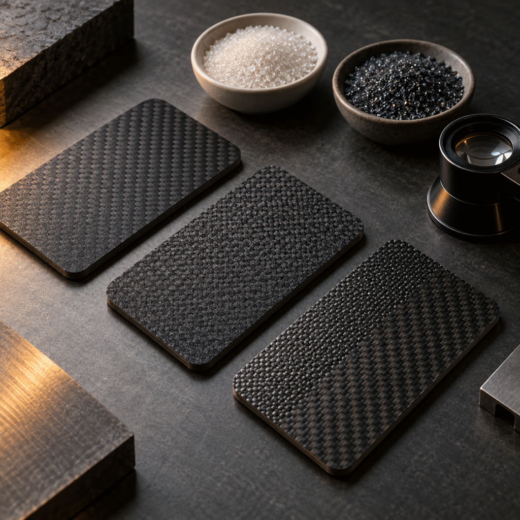 Illustrative material evaluation scene with textured composite sample coupons and contrasting ceramic grains.