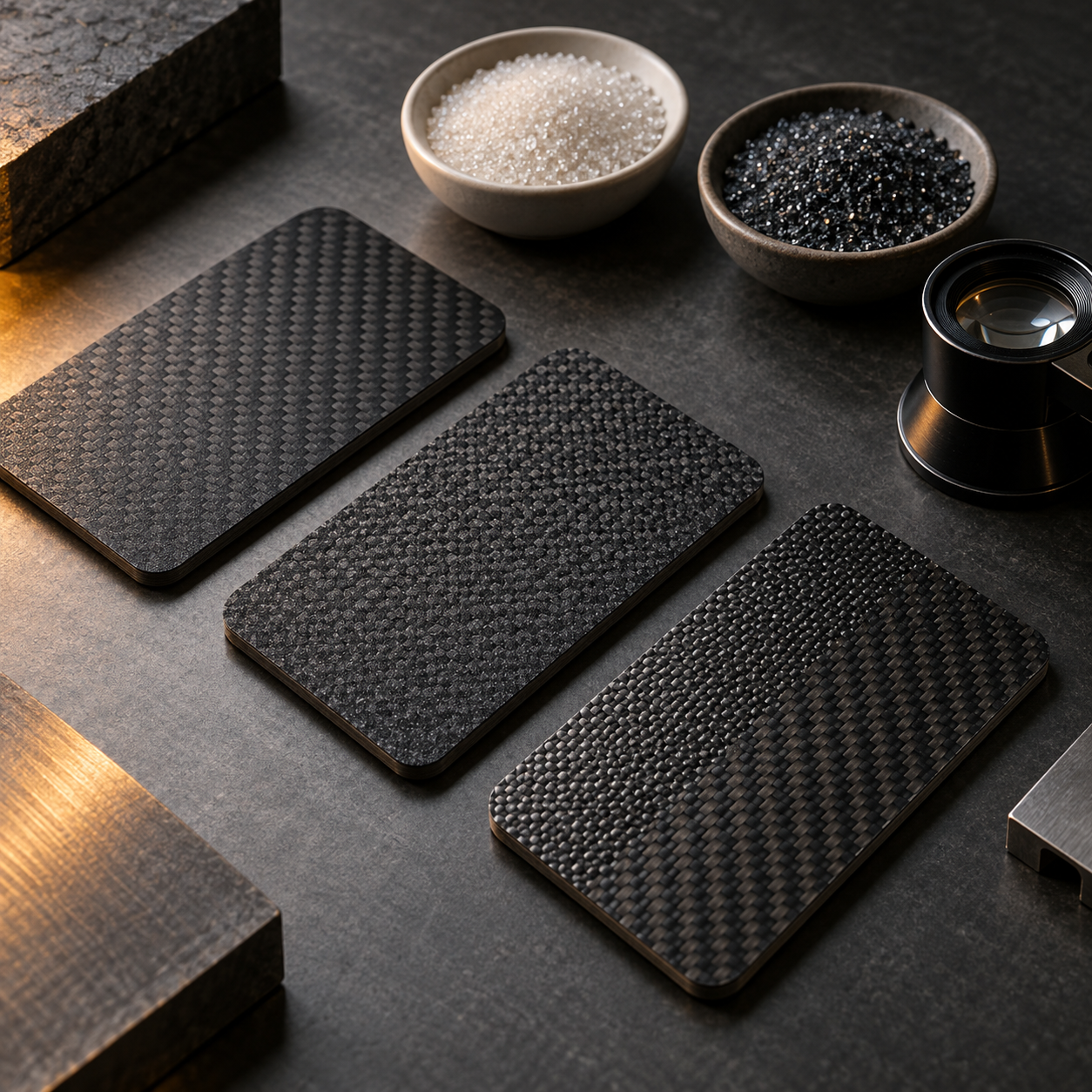Illustrative material evaluation scene with textured composite sample coupons and contrasting ceramic grains.